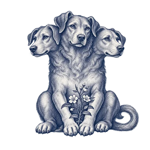 An indigo engraving of a gentle three-headed Cerberus guarding a flowering branch