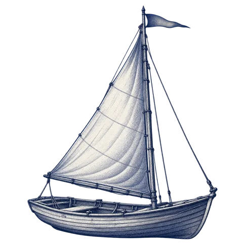 An indigo engraving of a small sailing boat with a signal pennant