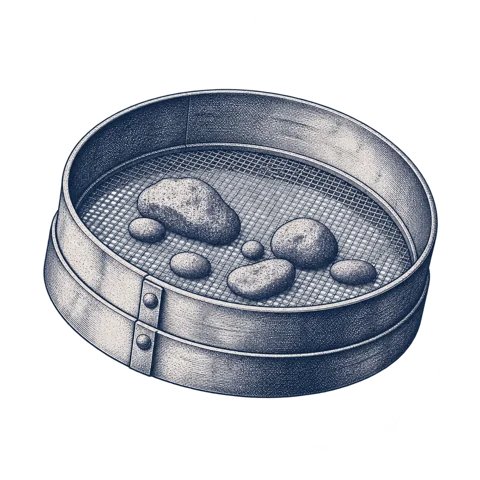 An indigo engraving of an antique sieve holding a few smooth pebbles